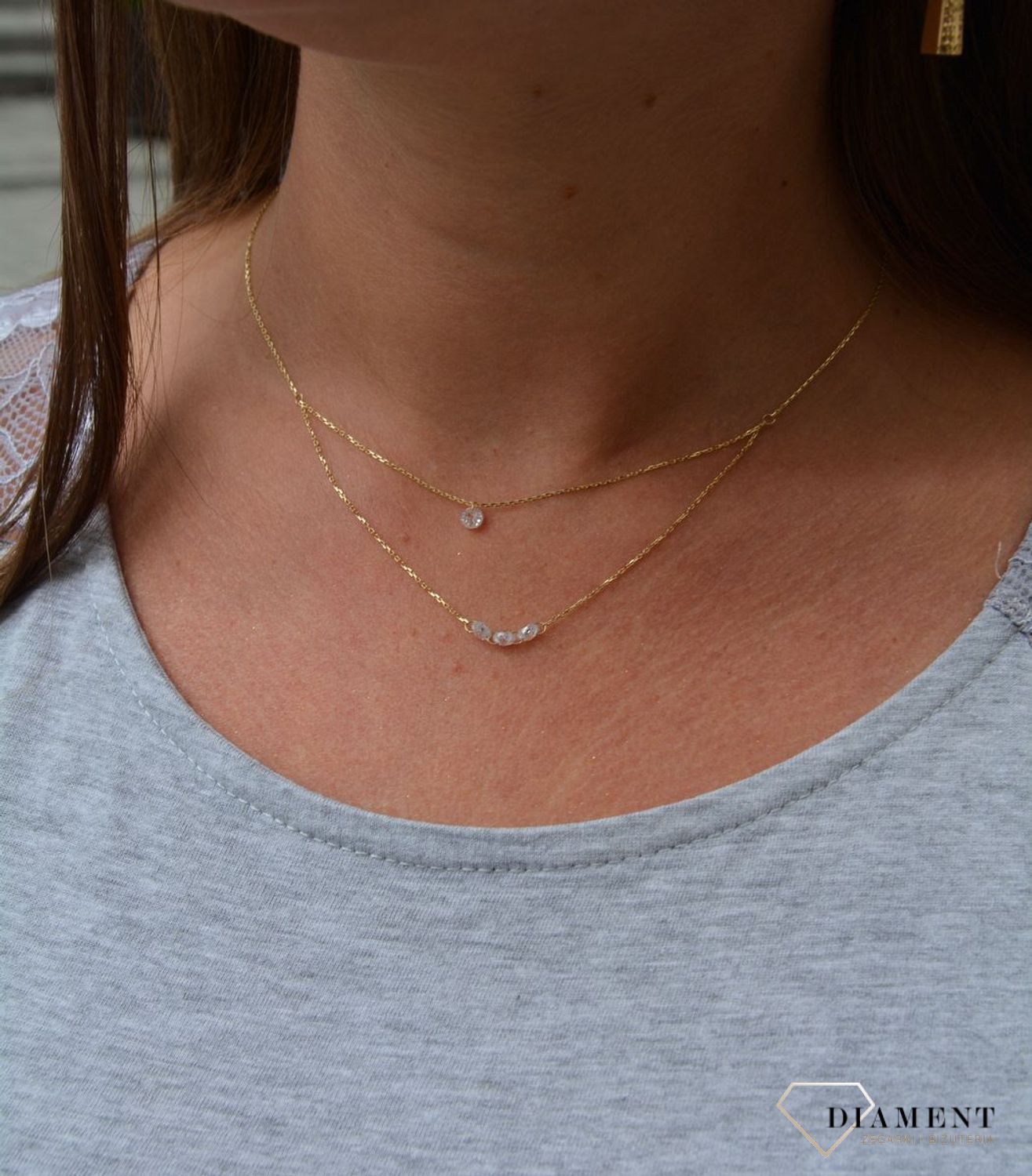 Złoty naszyjnik celebrytka 585 'podwójny łańcuszek i białe koraliki'.jpg