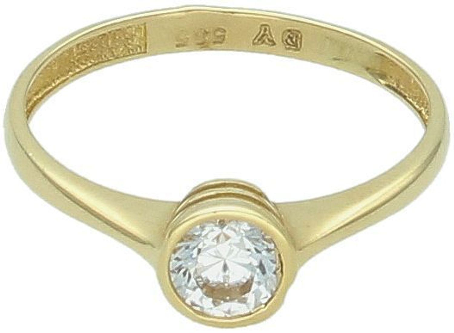 Złoty pierścionek damski 585 Okrągła cyrkonia w złotej oprawie. Pierścionek wykonany z 14 karatowego złota. Modny, stylowy złoty dodatek. Subtelny złoty pierścionek. 1.jpg