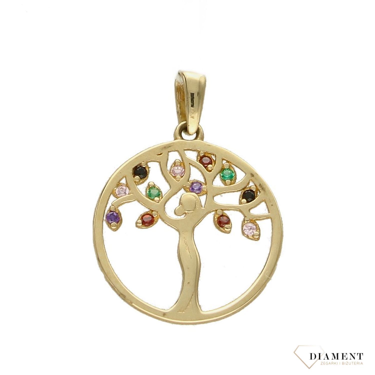 Złota zawieszka w kształcie drzewka na szczęcie ozdobiona kolorową cyrkonią. Elegancki wisiorek wykonany z najwyższej jakości 14 –karatowego żółtego złota. Ta unikalna biżuteria, która zachwyci każdą kobietę..jpg
