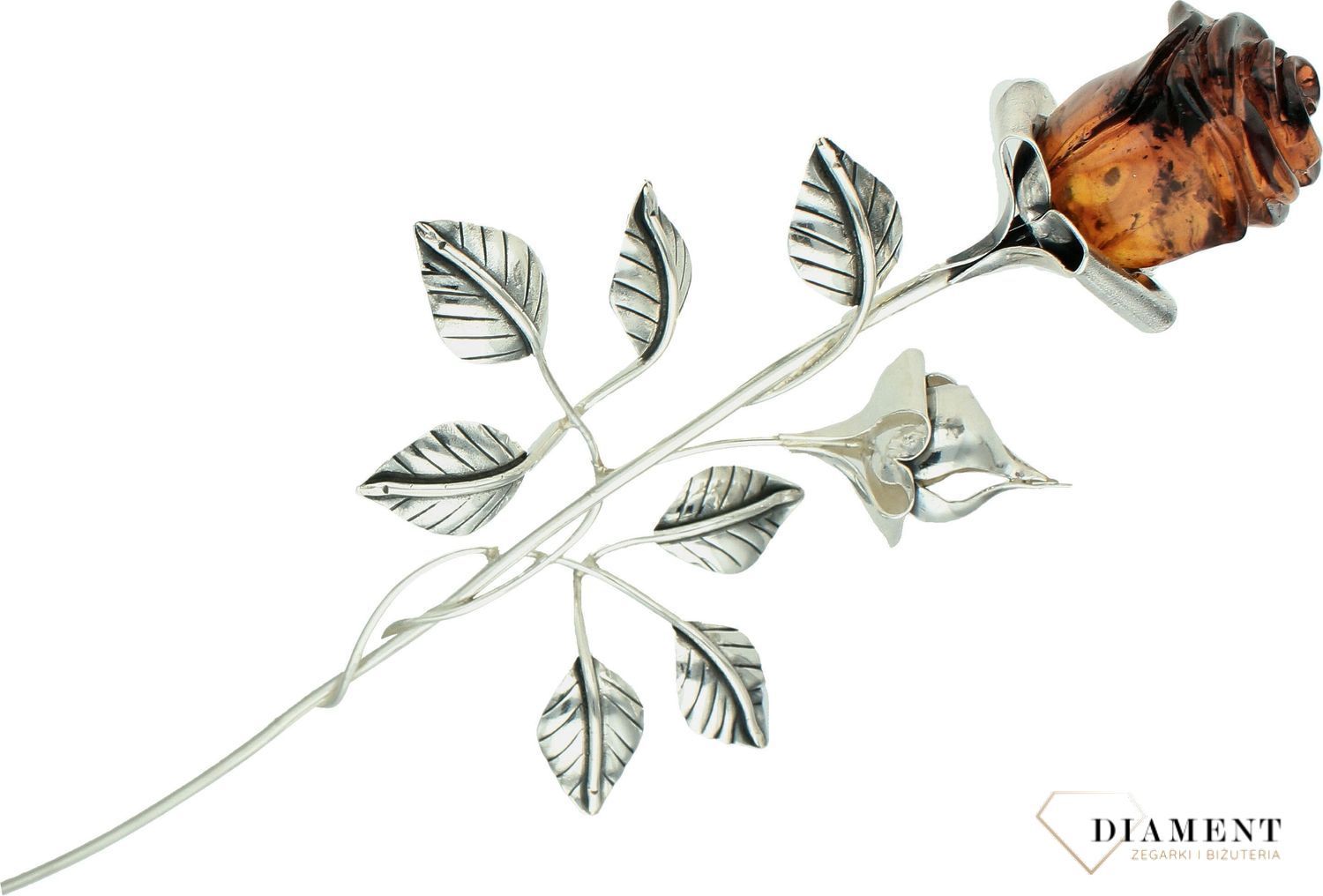 Srebrna róża z bursztynu bałtyckiego na prezent 25,5 cm DIA-11367-RÓŻA-925. Srebrna róża z bursztynem to idealny prezent na wszelkie okazje, zaręczyny, złote gody, obchody, lecie, urodziny, rocznice oraz dekorację do wazonu. Srebrny Kw.jpg