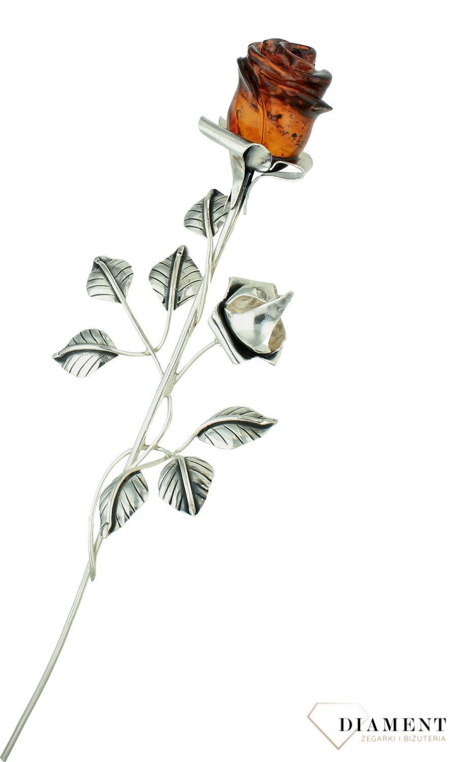 Srebrna róża z bursztynu bałtyckiego na prezent 25,5 cm DIA-11367-RÓŻA-925. Srebrna róża z bursztynem to idealny prezent na wszelkie okazje, zaręczyny, złote gody, obchody, lecie, urodziny, rocznice oraz dekorację do wazonu. Srebrny Kw.jpg