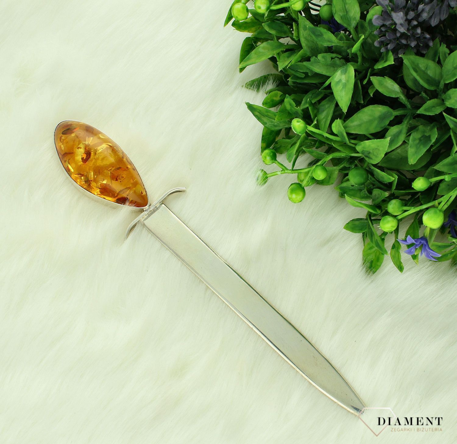 Elegancki nóż do listów, kopert ozdobiony bursztynem bałtyckim DIA-11368-NÓŻ-925. Stylowy nóż ozdobiony bursztynem bałtyckim to idealny pomysł na prezent. Prezent dla mężczyzny. 2.jpg