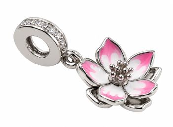 Srebrny charms kwiat lilii wykonany ze srebra próby 925, ozdobiony różowymi detalami i błyszczącą cyrkonią. Wisząca zawieszka 2 cm do bransoletki..jpg