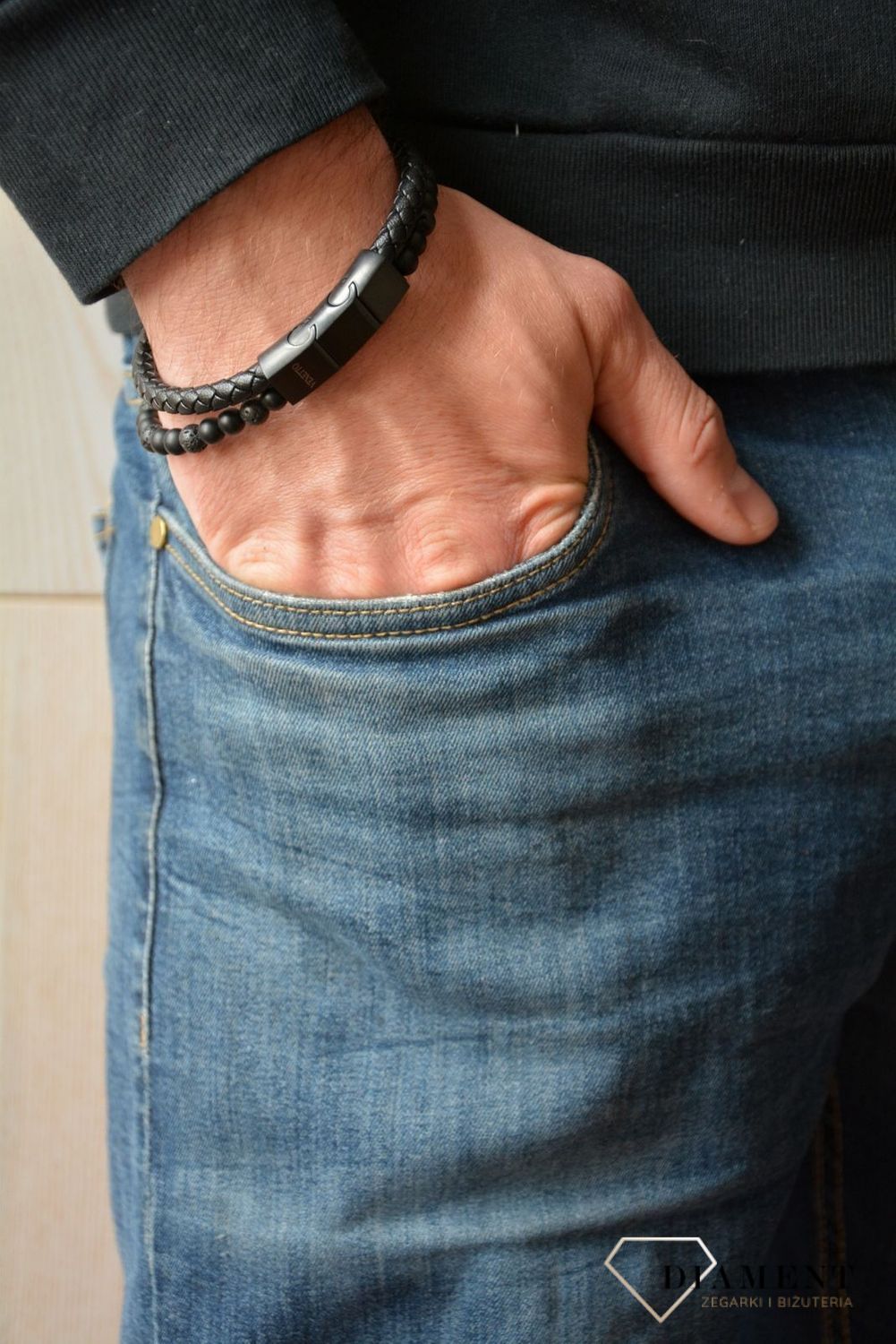 Bransoletka męska skórzana z lawą wulkaniczna stalowe zapięcied.jpg