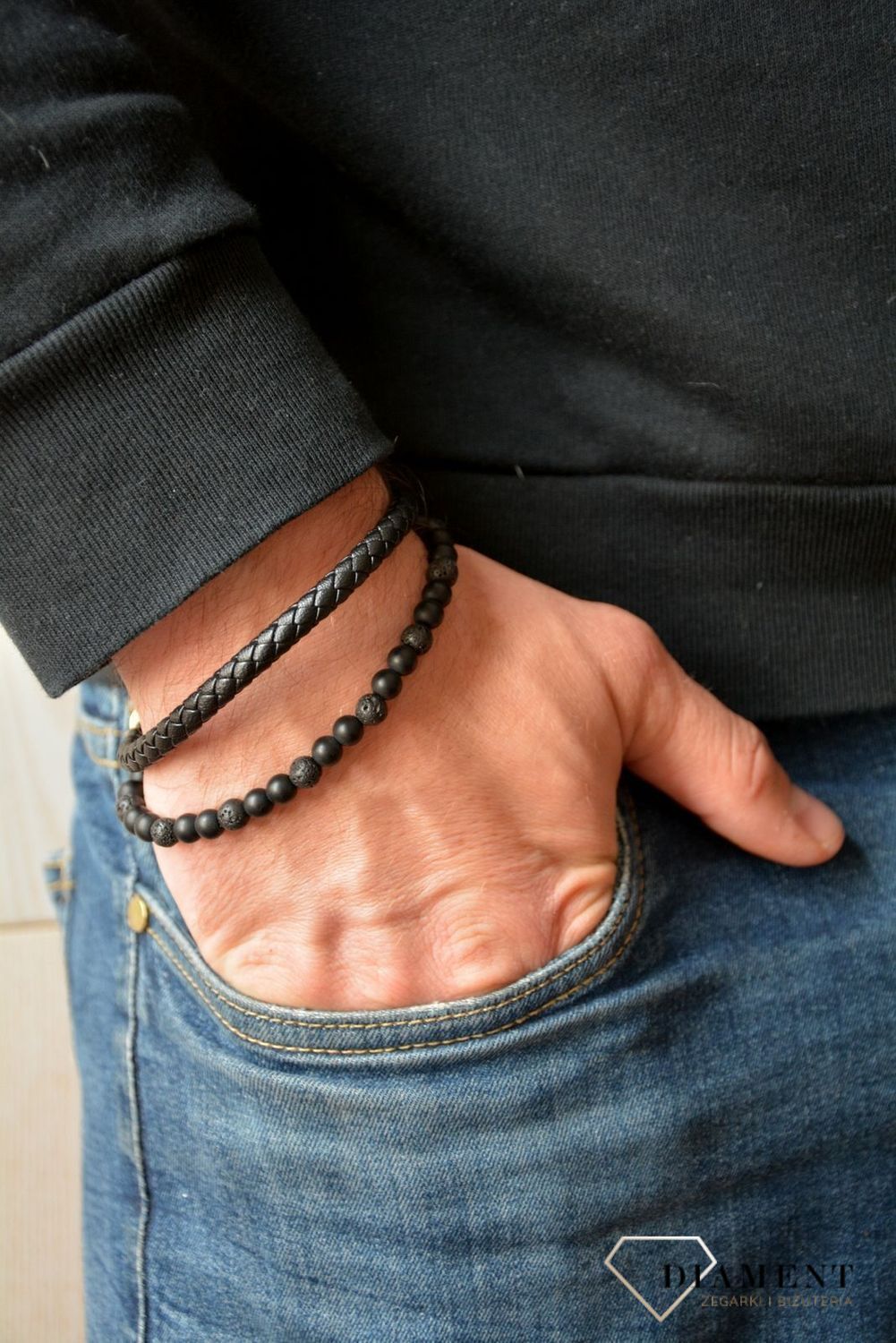 Bransoletka męska skórzana z lawą wulkaniczna stalowe zapięcied.jpg