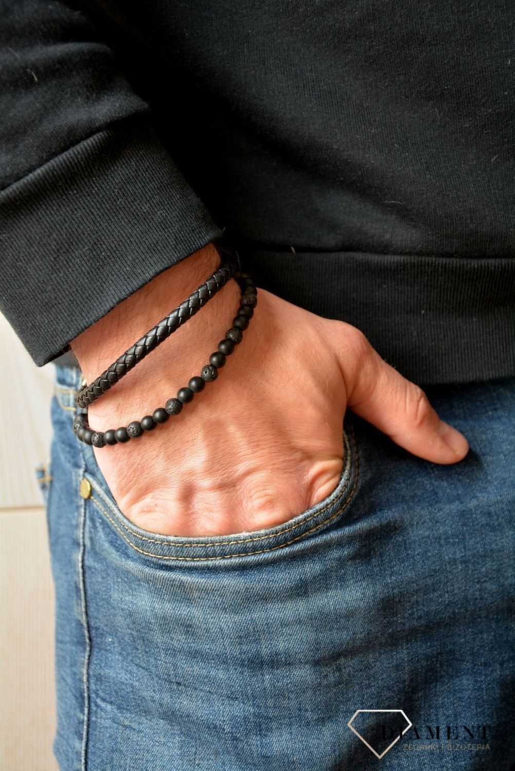 Bransoletka męska skórzana z lawą wulkaniczna stalowe zapięcied.jpg