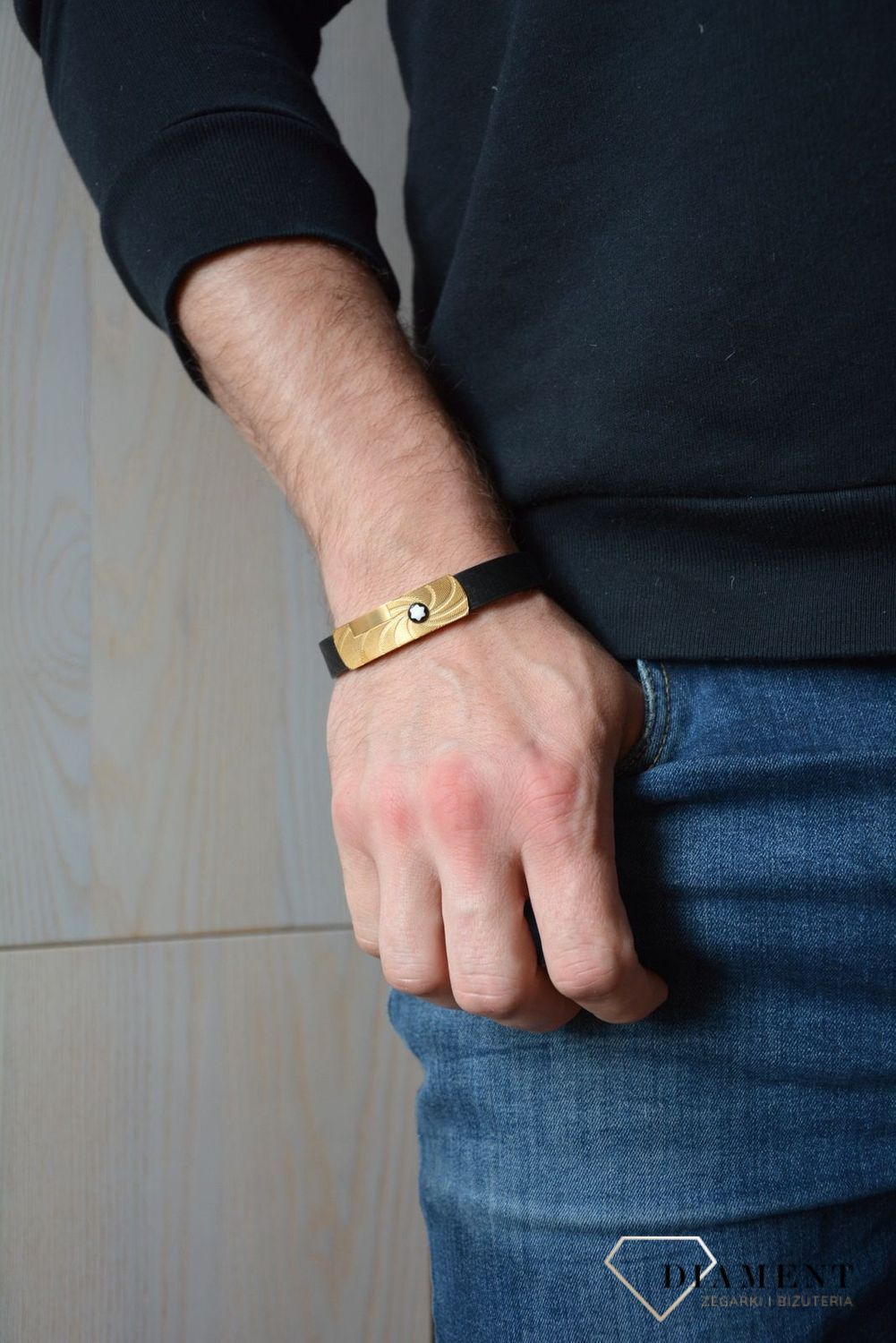 Skórzana bransoletka męska czarna z blaszką złotąd.jpg