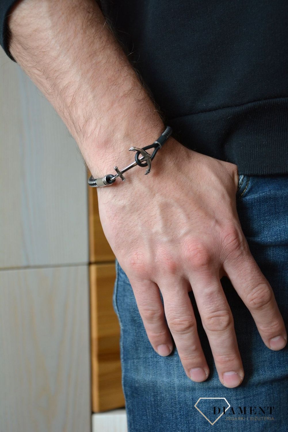 Bransoletka męska kotwica rzemień czarny DIA-BRA-0028-STAL.jpg