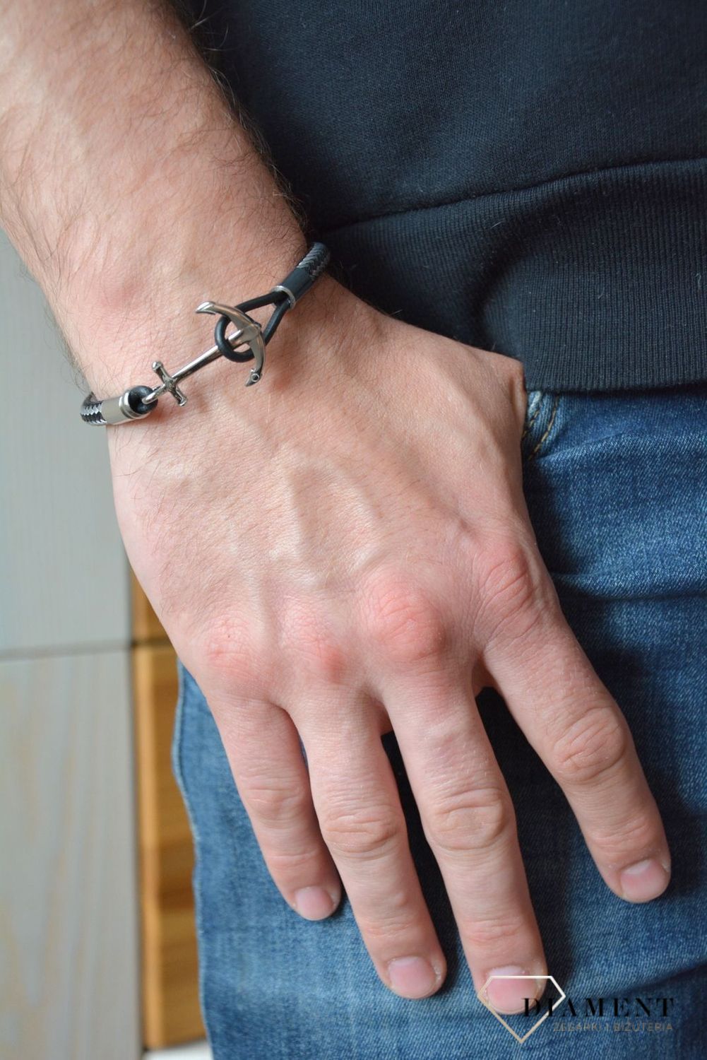 Bransoletka męska kotwica rzemień czarny DIA-BRA-0028-STAL.jpg