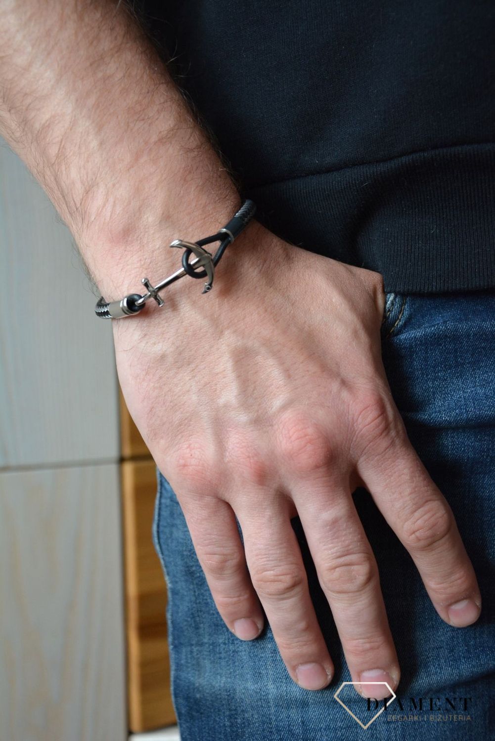 Bransoletka męska kotwica rzemień czarny DIA-BRA-0028-STAL.jpg