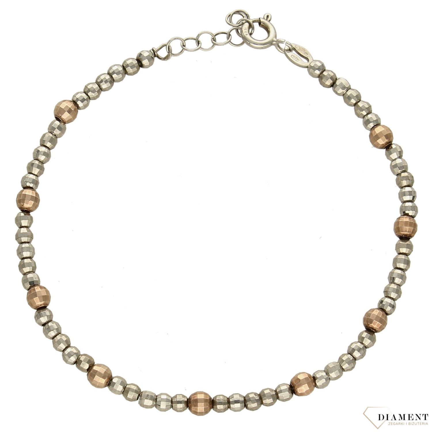 Srebrna bransoletka koraliki srebro i różowe złoto. Srebrna bransoletka została wykonana z najwyższej jakości srebra próby 925 (1).jpg