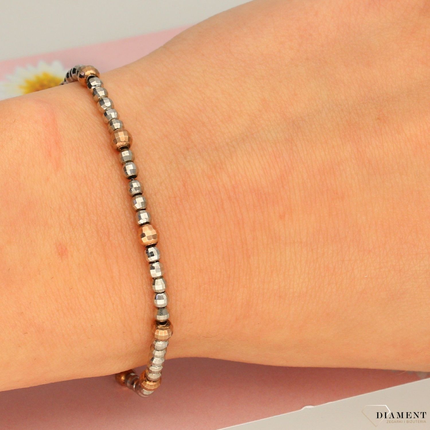 Srebrna bransoletka koraliki srebro i różowe złoto. Srebrna bransoletka została wykonana z najwyższej jakości srebra próby 925 (1).jpg