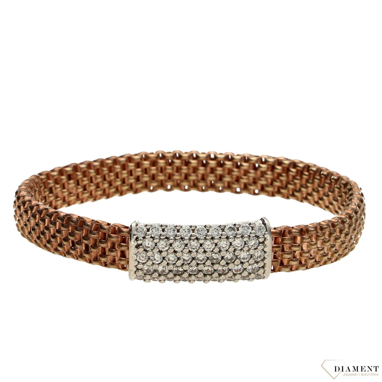 Srebrna bransoletka różowe złoto cyrkonie. Wygodne zakładanie bransoletki.  (1).jpg