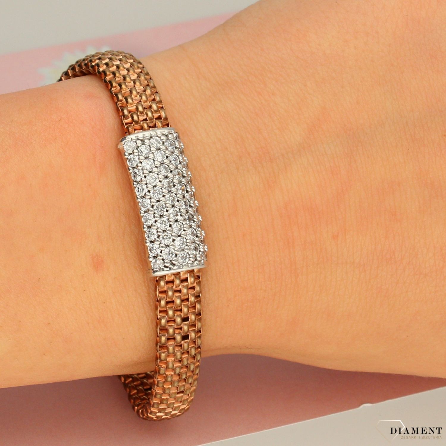 Srebrna bransoletka różowe złoto cyrkonie. Wygodne zakładanie bransoletki.  (1).jpg