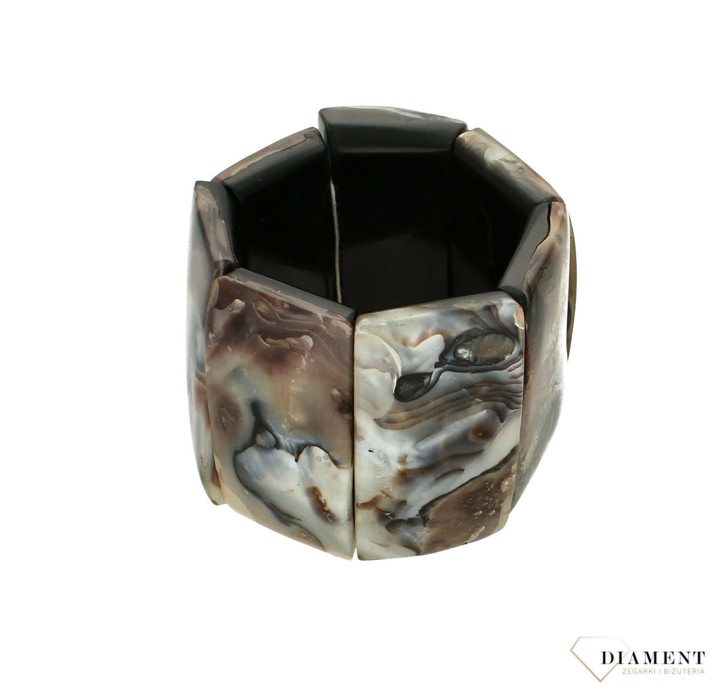 Szeroka bransoletka na gumce DIA-BRA-0166-INNE. Szeroka bransoletka na gumce, wykonana z prostokątnych szerokich elementów w eleganckim srebrno-brązowym odcieniu .Bransoletka modowa na prezent dla kobiety (4).jpg