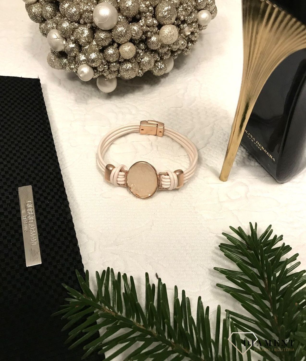 Bransoletka damska pudrowy róż szeroka z kryształem BRASICI009902200 4.jpg