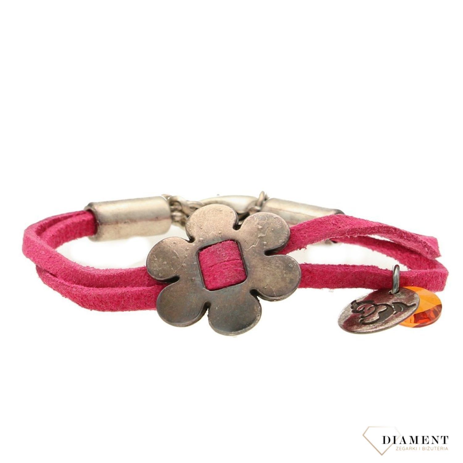 Bransoletka damska różowy rzemień z kwiatkiem DIA-BRA-0209-MET.jpg
