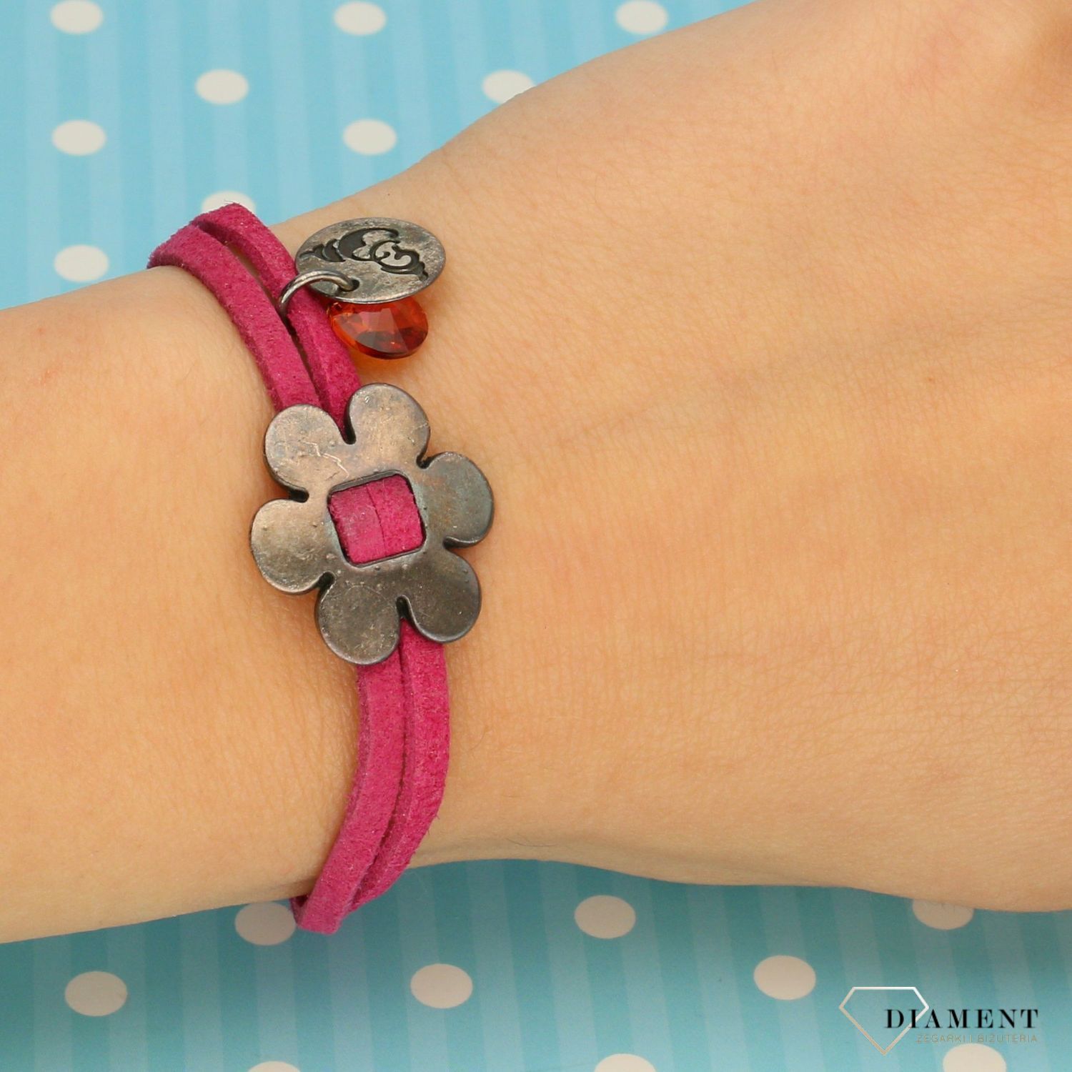 Bransoletka damska różowy rzemień z kwiatkiem DIA-BRA-0209-MET.jpg