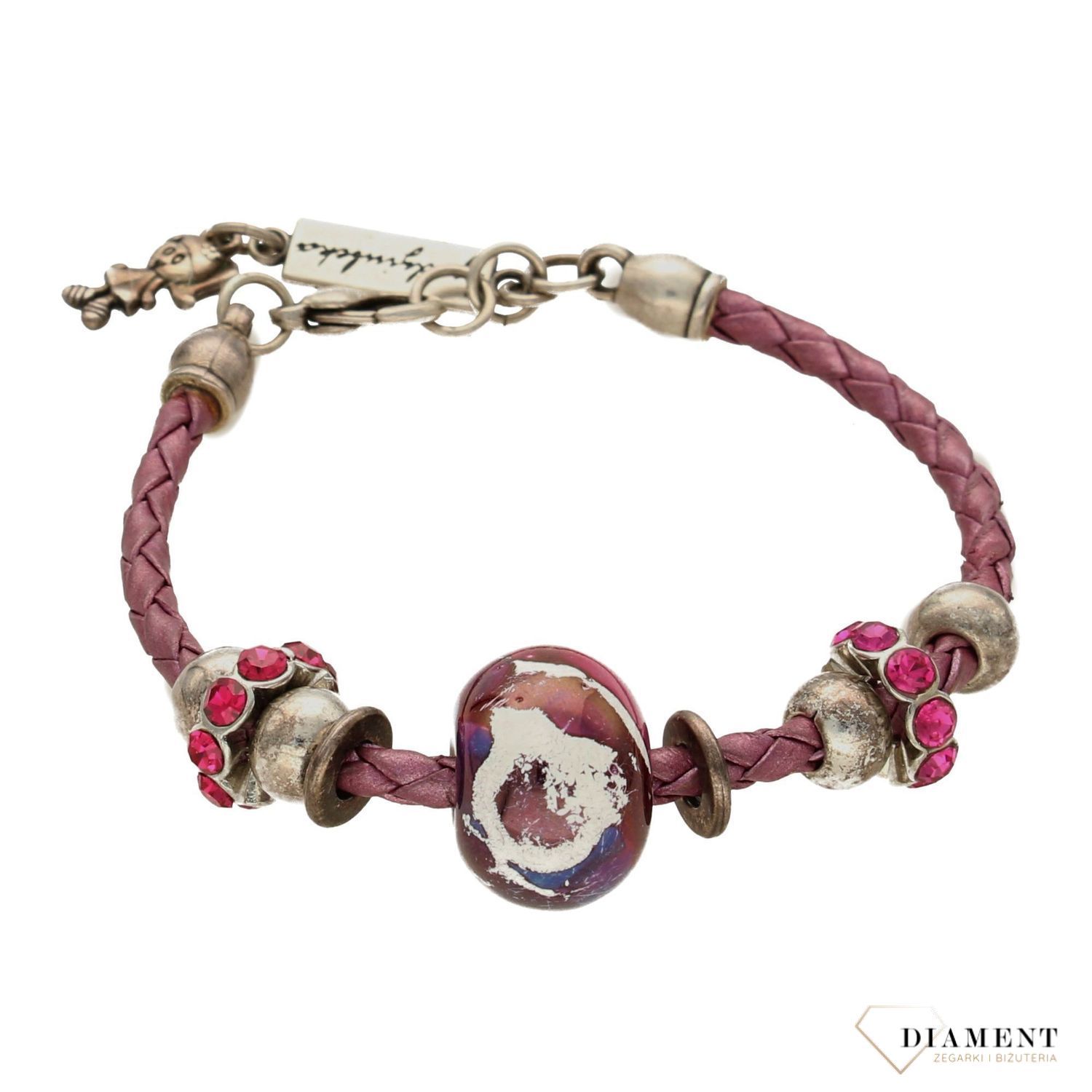 Bransoletka damska różowa plecionka z okrągłymi zawieszkami DIA-BRA-0217-INNE (1).jpg