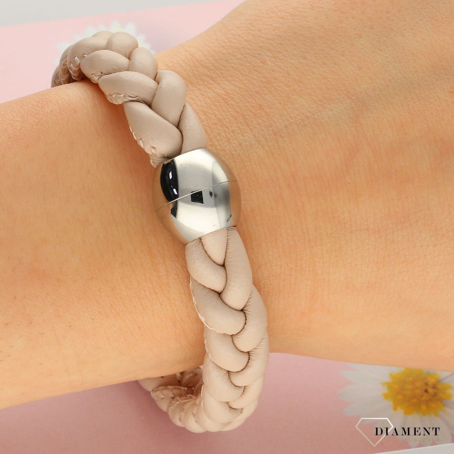 Bransoleta BY DZIUBEKA skórzana ' pudrowa plecionka ' (2).jpg