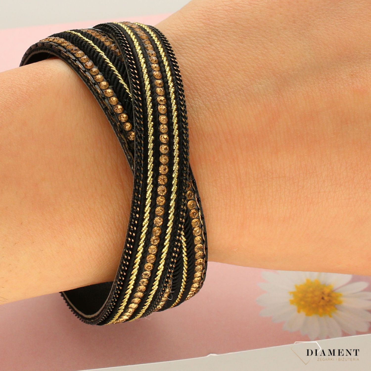 Bransoletka damska czarna plecionka z kryształami DIA-BRA-0237-INNE (1).jpg