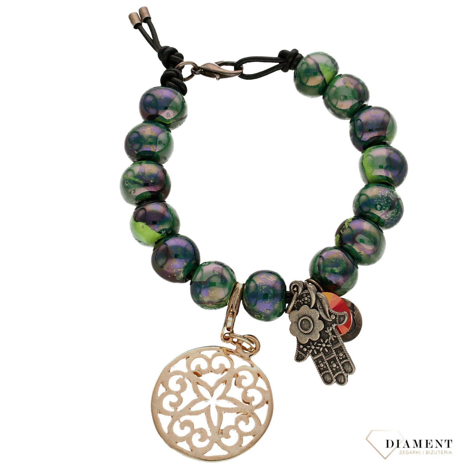 Bransoletka z zielonymi koralikami ażurowe koło i ręka Fatimy DIA-BRA-0260-INNE. Bransoletka na rzemieniu, wykonana z koralików w eleganckim kolorze zieleni (1).jpg