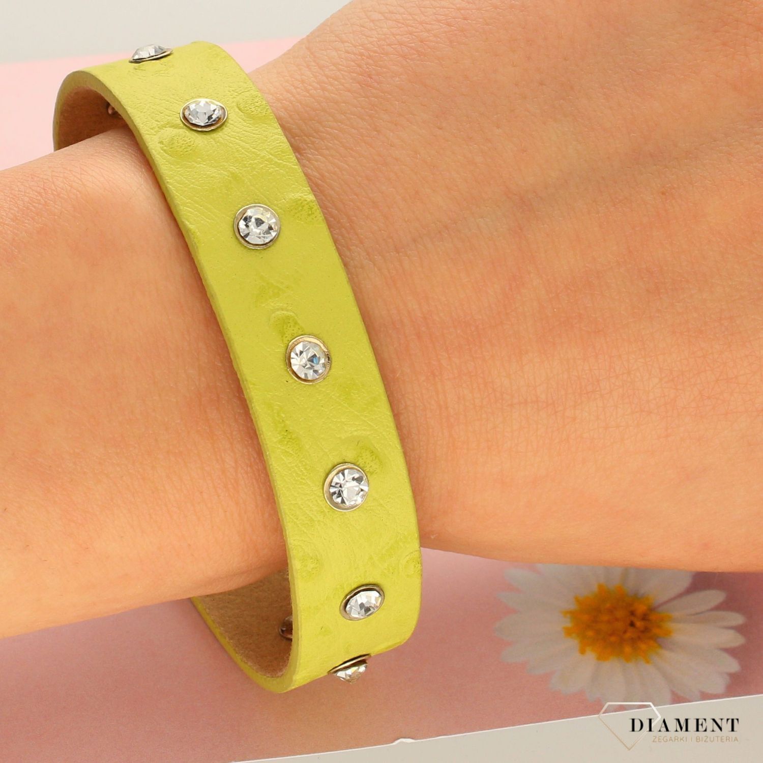 Bransoletka skórzana pojedynczy żółty pasek z cyrkoniami  DIA-BRA-0262-INNE (1).jpg