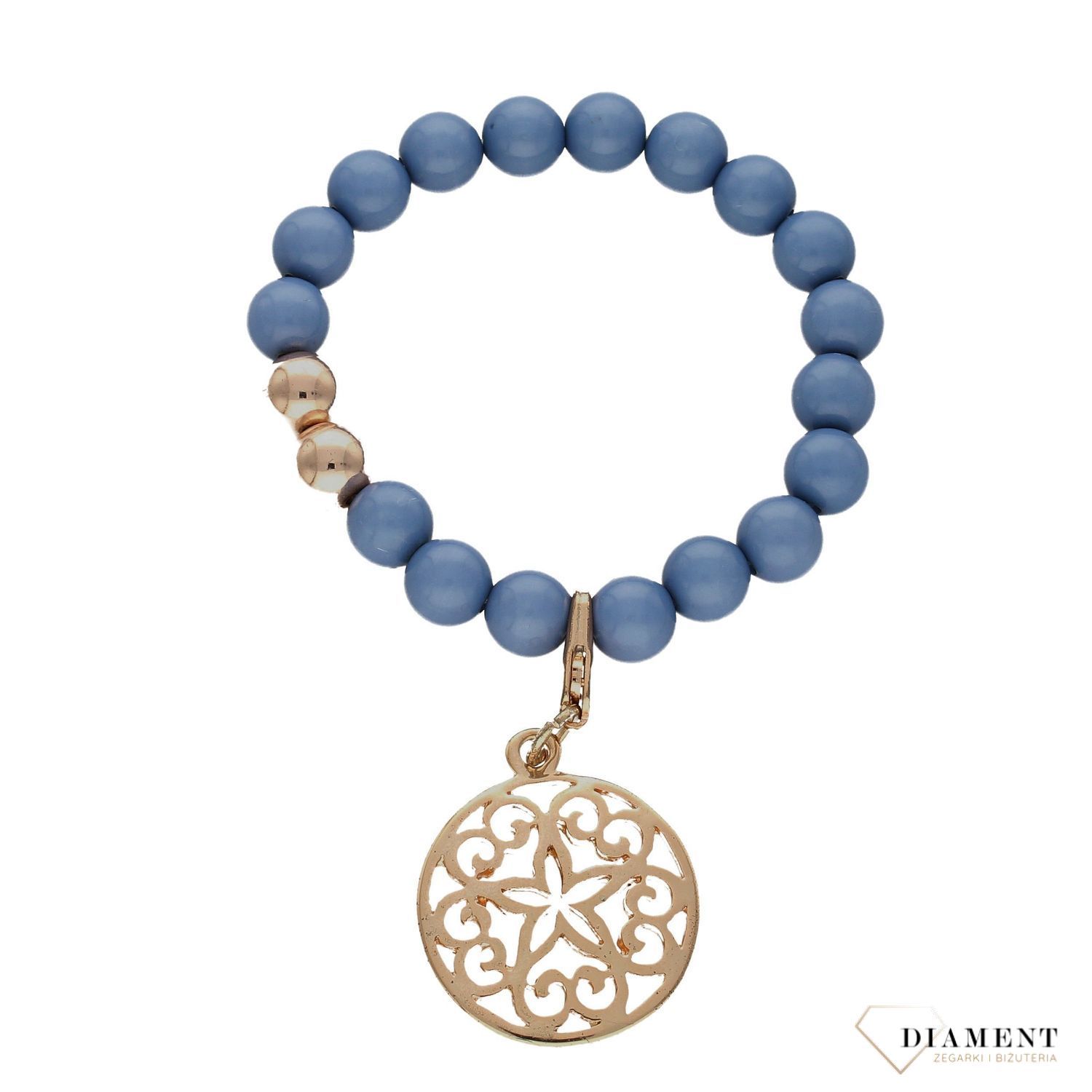 Bransoletka z niebieskich koralików z zawieszką w kolorze różowego złota DIA-BRA-0264-INNE. Piękny element pasujący do każdego rodzaju stylizacji (1).jpg