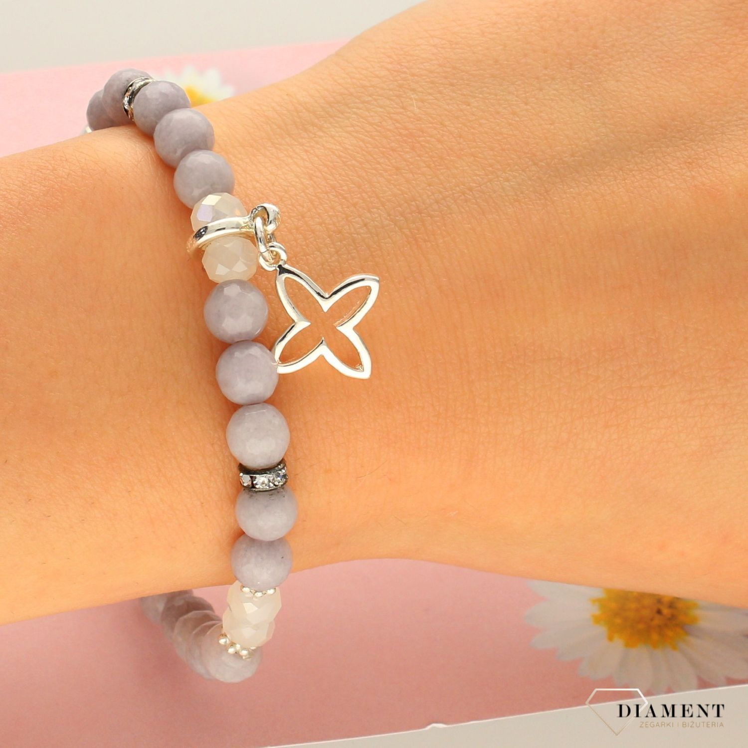 Bransoletka na gumce z szarych koralików BY DZIUBEKA DIA-BRA-0270-INNE (1).jpg