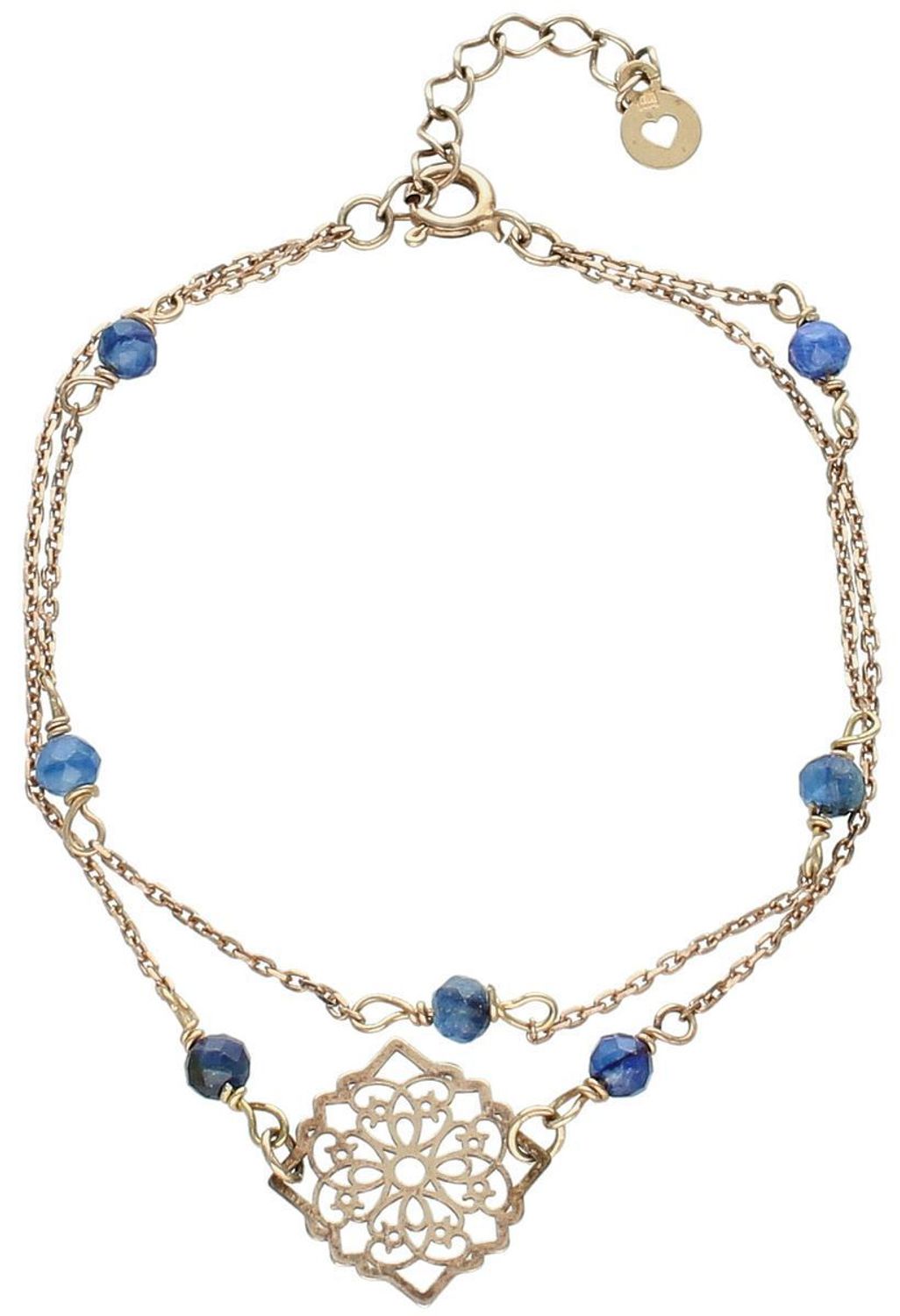 Bransoletka damska DIA-BRA-0334-925 z podwójnym łańcuszkiem, wykonana ze srebra 925, pozłacana różowym złotem, ozdobiona ażurową zawieszką i granatowymi kamieniami kyanitu.1.jpg