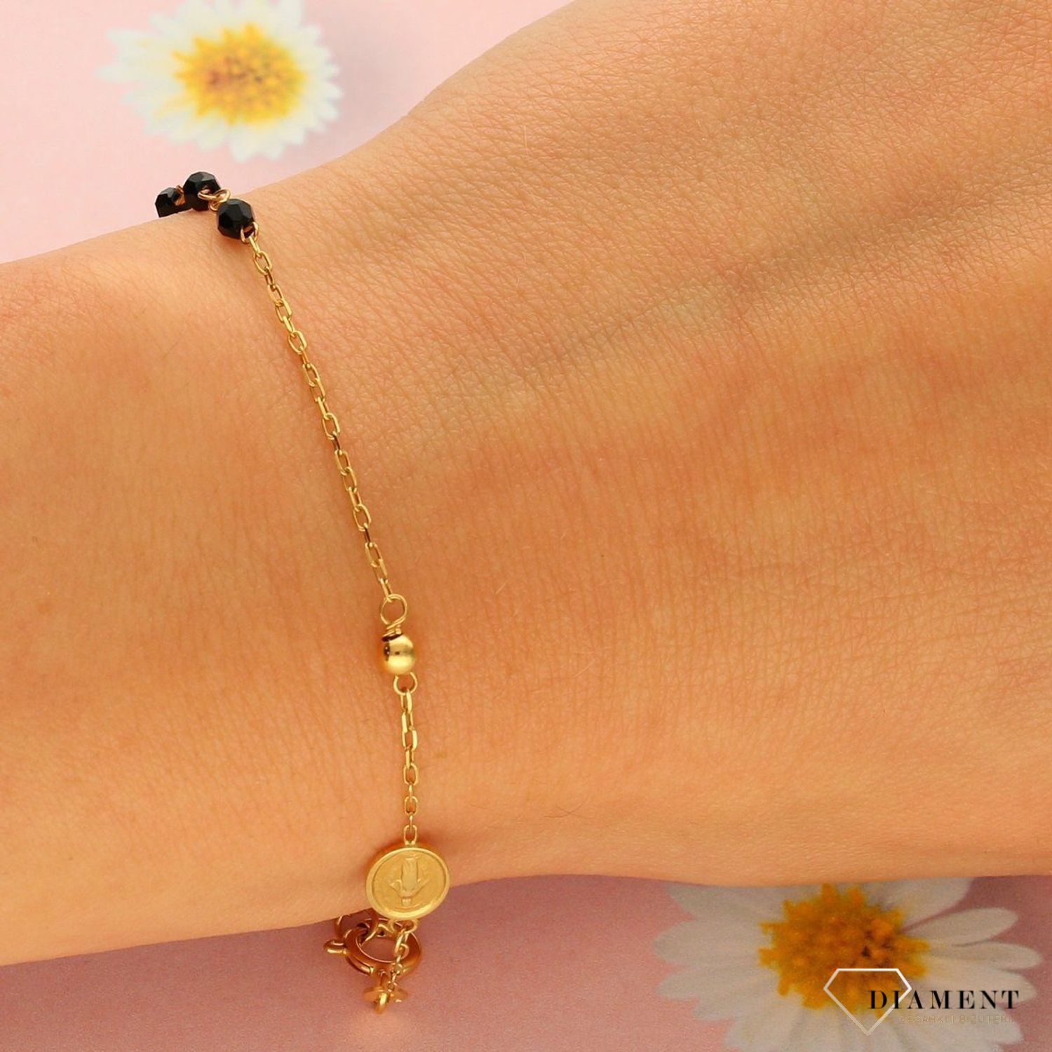 Złota bransoletka celebrytka 585 'różaniec czarne koraliki' (1).jpg