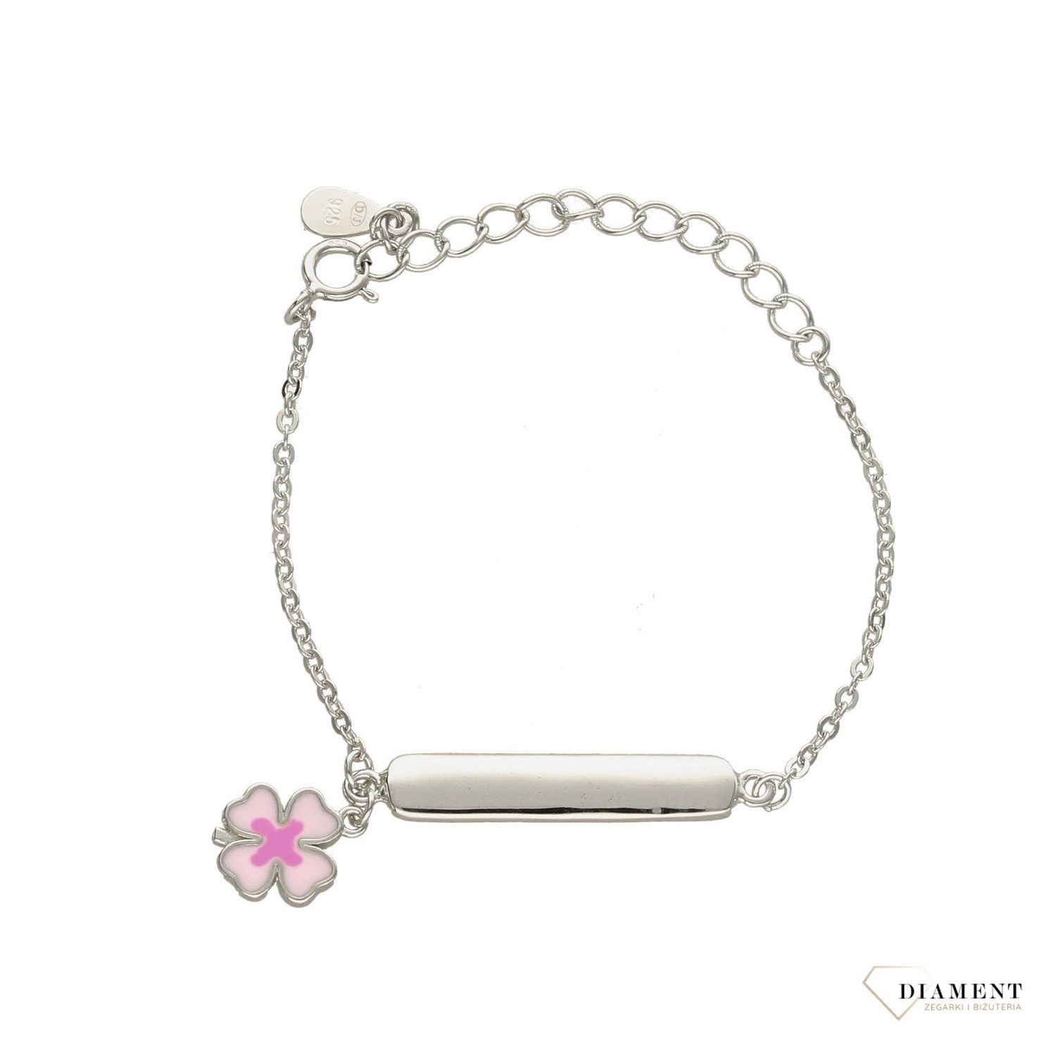 Bransoletka srebrna dla dziecka z blaszką i kwiatkiem.jpg