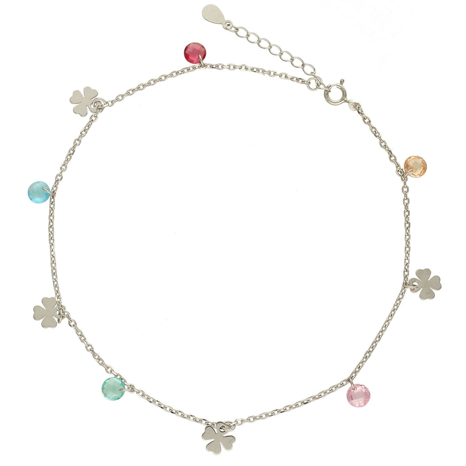 Srebrna bransoletka na nogę  Kolorowe cyrkonie z Koniczynką DIA-BRA-0680-925.jpg