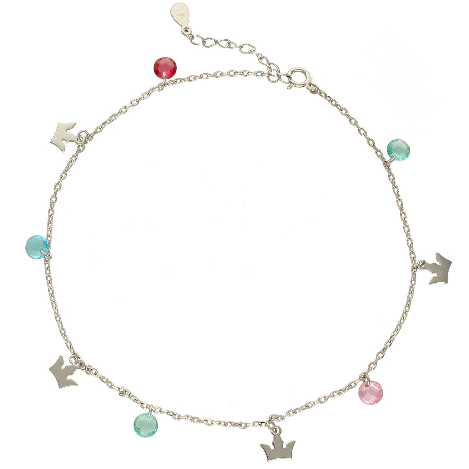 Srebrna bransoletka na nogę 'Kolorowe cyrkonie z Koroną' 925 DIA-BRA-0692-925.jpg