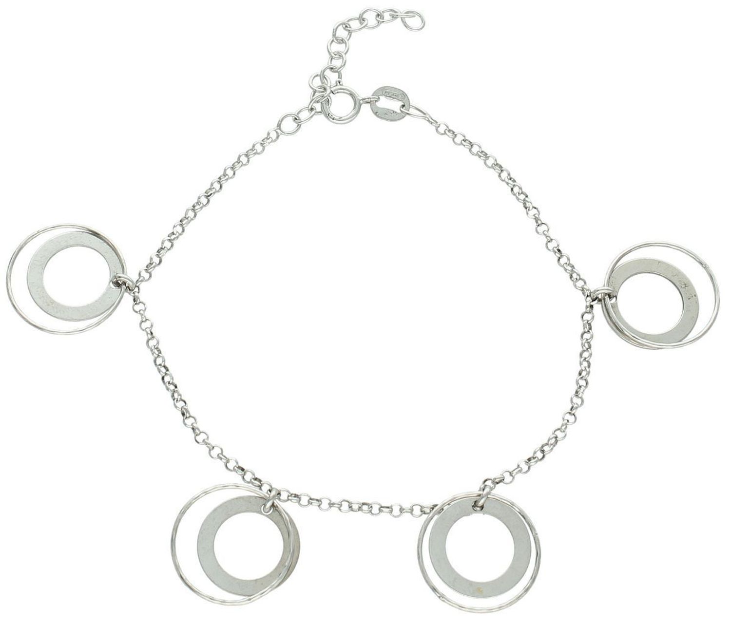 Bransoletka srebrna próby 925 DIA-BRA-0697-925 z czterema okrągłymi elementami 1,4 cm. Długość 16+3 cm, zapięcie na karabińczyk, waga 2,80 g. Lekka i stylowa biżuteria dla kobiet.1.jpg