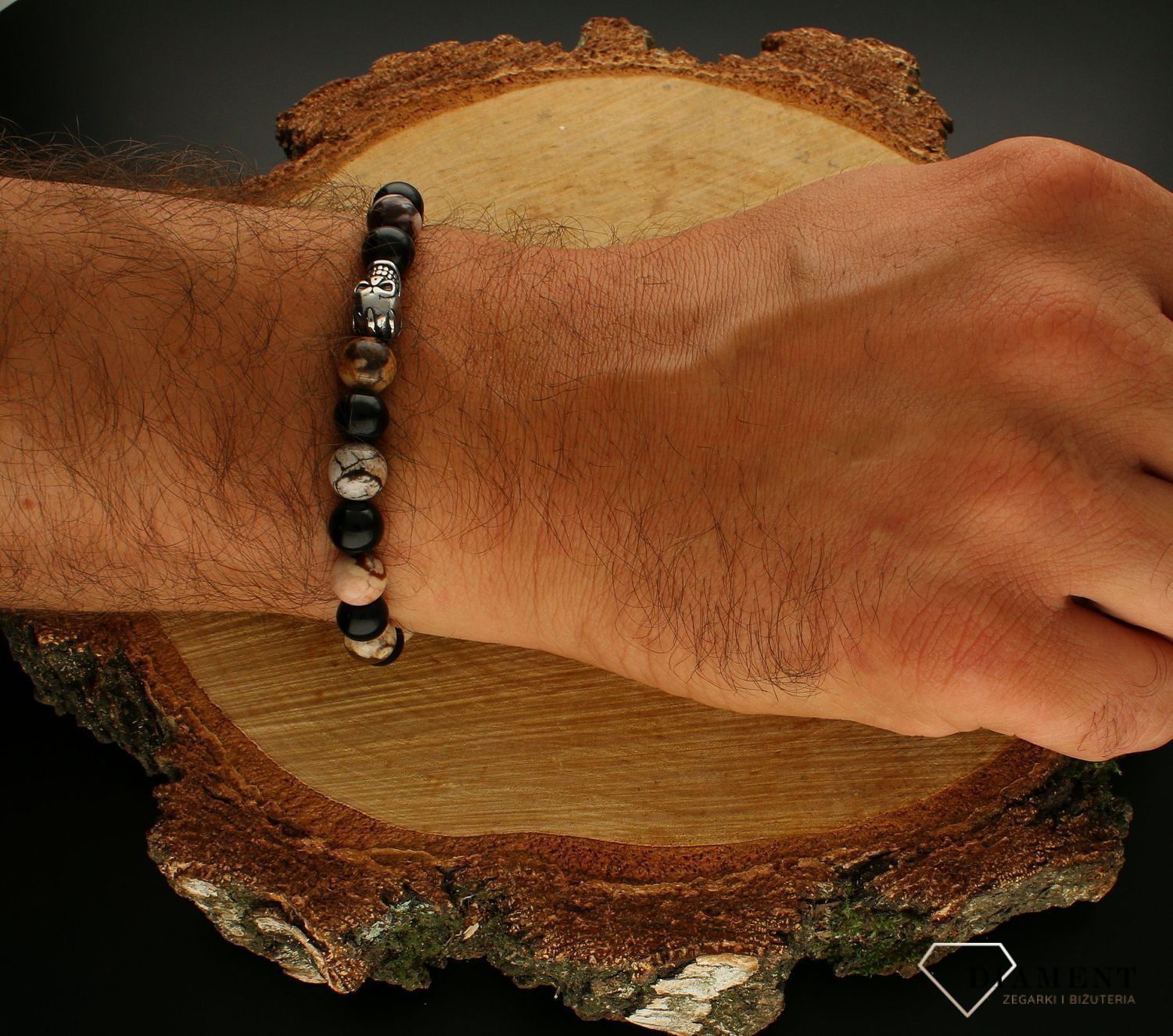 Bransoletka męska z kamieniami naturalnymi Onyks, Jaspis DIA-BRA-10070-INNE. Bransoletka męska z czaszką. Bransoletka męska z kamieniami naturalnymi. Bransoletka męska w formie koralików (2).jpg