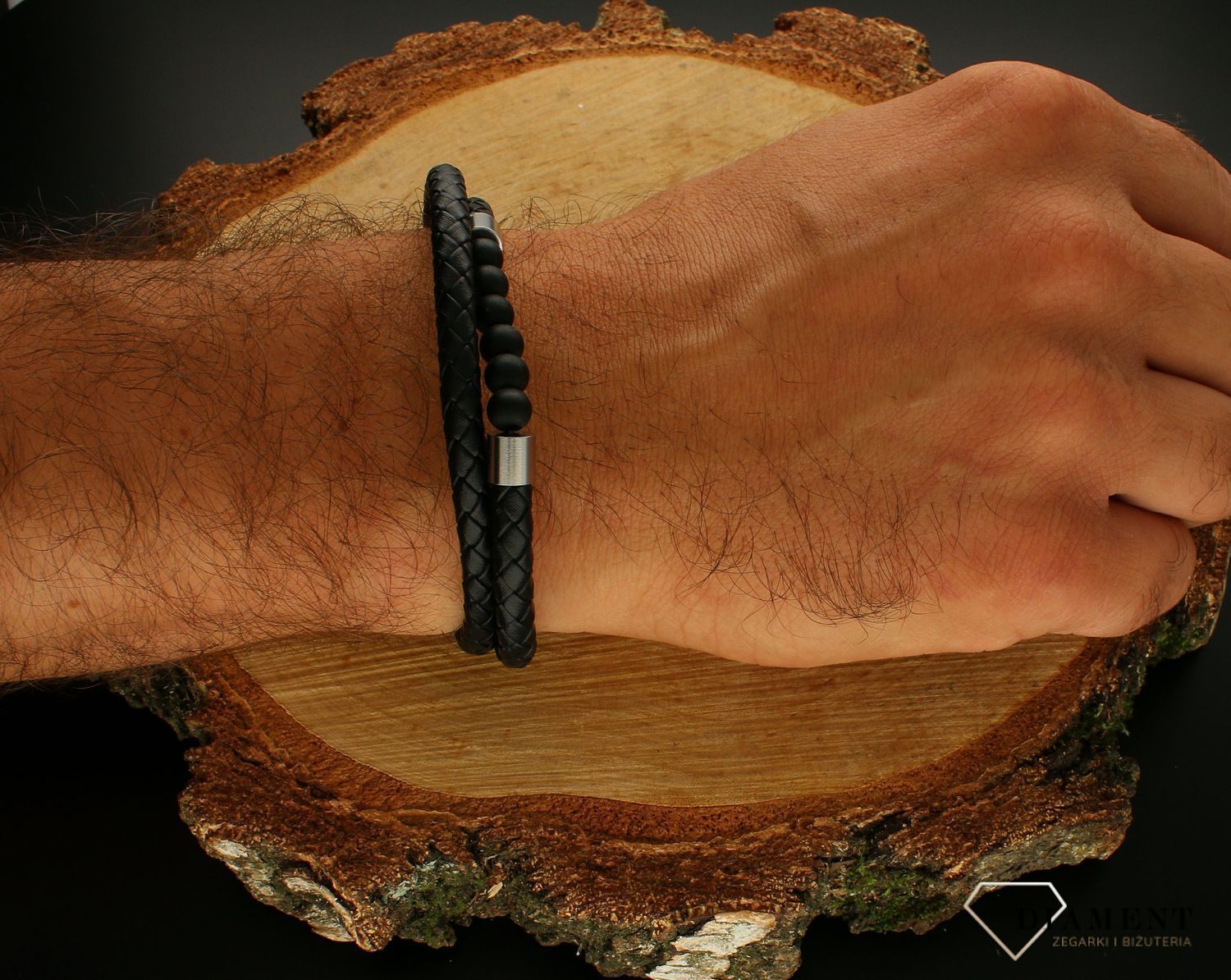 Bransoletka męska skórzana plecionka z koralikami DIA-BRA-10073-STAL. Bransoletka męska skórzana. Bransoletka męska plecionka. Męska bransoletka ze stali. Bransoletka dla mężczyzny na prezent (1).jpg