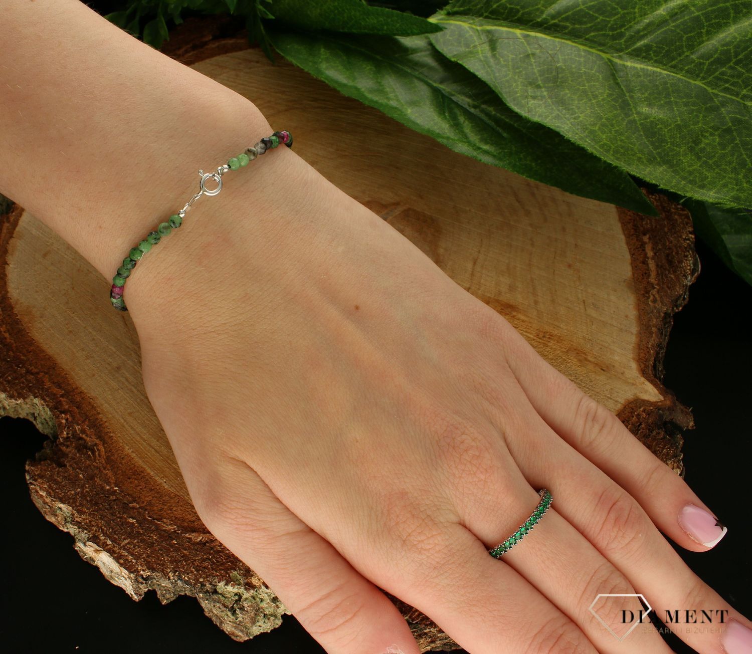 Srebrna bransoletka damska 925 z rubinem i zoisytem DIA-BRA-10083-925. Srebrna bransoletka damska idealna na prezent. Bransoletka damska z kamieniami naturalnymi. Srebrna bransoletka z rubinem i zoisytem.  (3).jpg