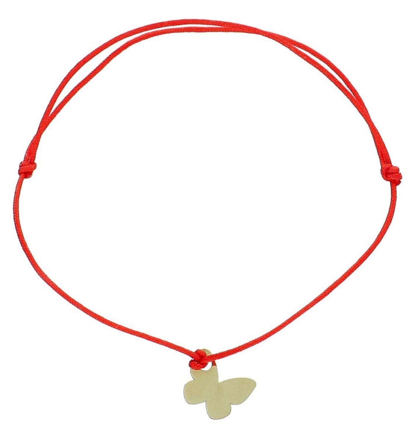 Bransoletka na sznureczku motylek pr 585, DIA-BRA-10499-585 Złota bransoletka na sznureczku z zawieszką motylkiem, wykonana z czerwonego sznurka oraz złota próby 585. Ten typ biżuterii pojawia 1.jpg