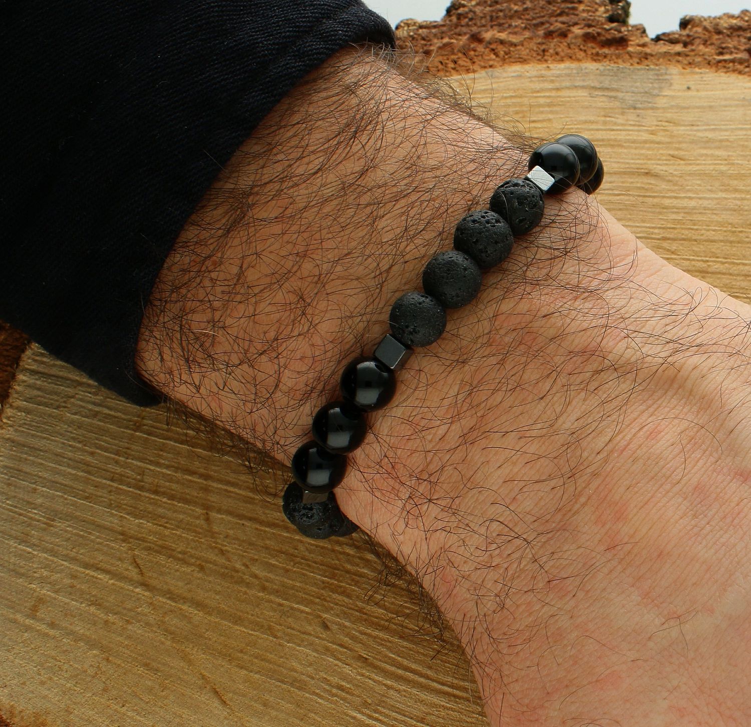 Bransoletka męska z kamieniami naturalnymi lawa wulkaniczna, onyks DIA-BRA-10516-INNE. Brans.jpg