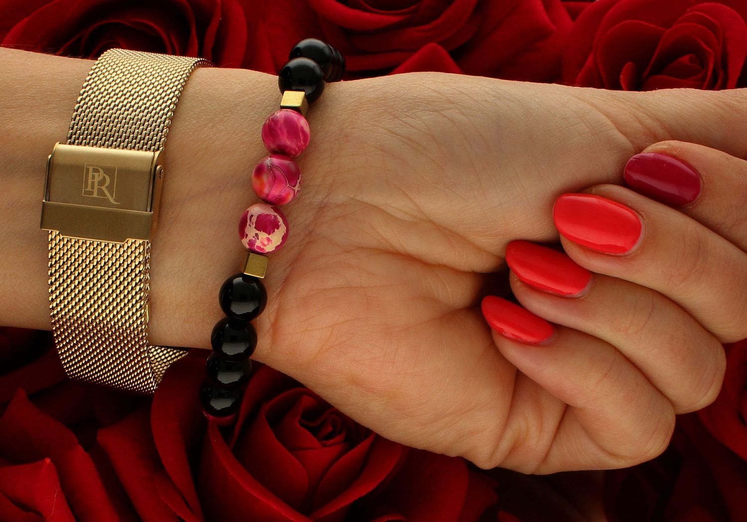 Bransoletka damska z kamieniami naturalnymi jaspis cesarski różowy, onyks DIA-BRA-10526-INNE (2).jpg