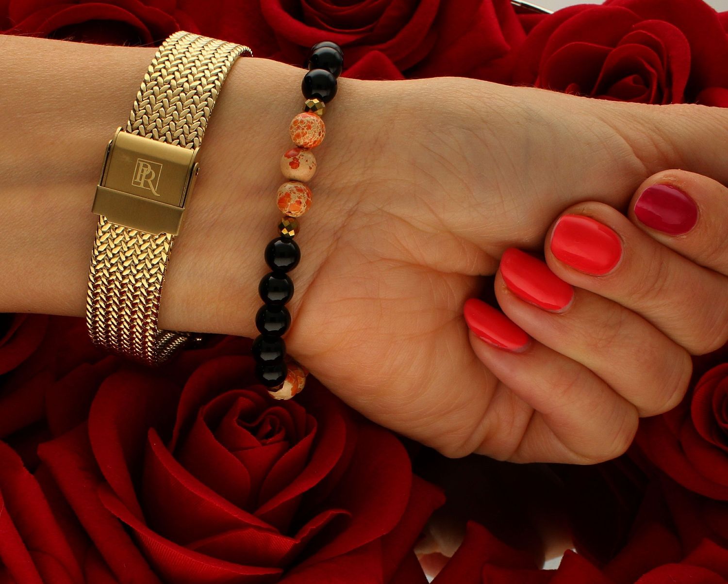 Bransoletka damska z kamieniami naturalnymi jaspis cesarski pomarańczowy, onyks DIA-BRA-10530-INNE (3).jpg