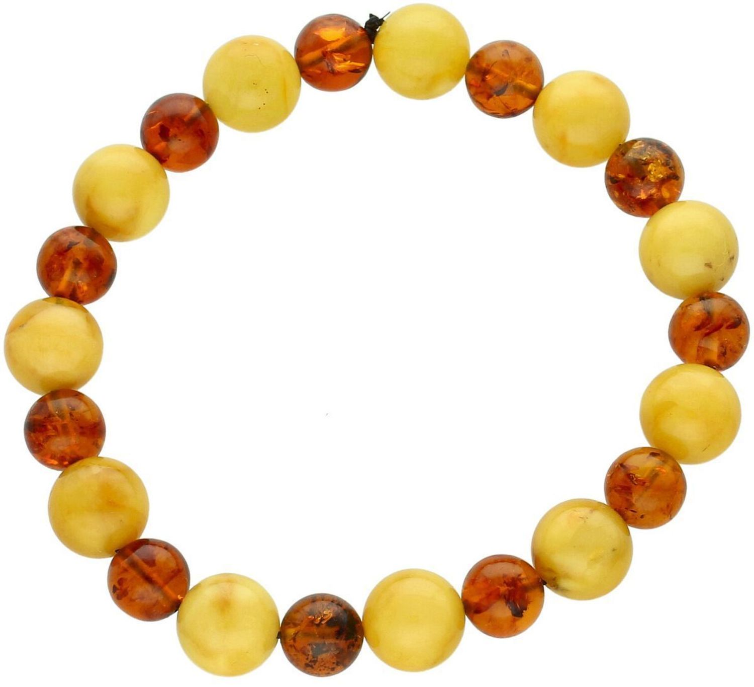 Bransoletka damska DIA-BRA-10533-INNE z okrągłymi bursztynami w odcieniach żółtego i brązu, wielkość kamieni 8–10 mm. Elastyczna gumka, obwód 16 cm. Elegancka biżuteria naturaln1.jpg