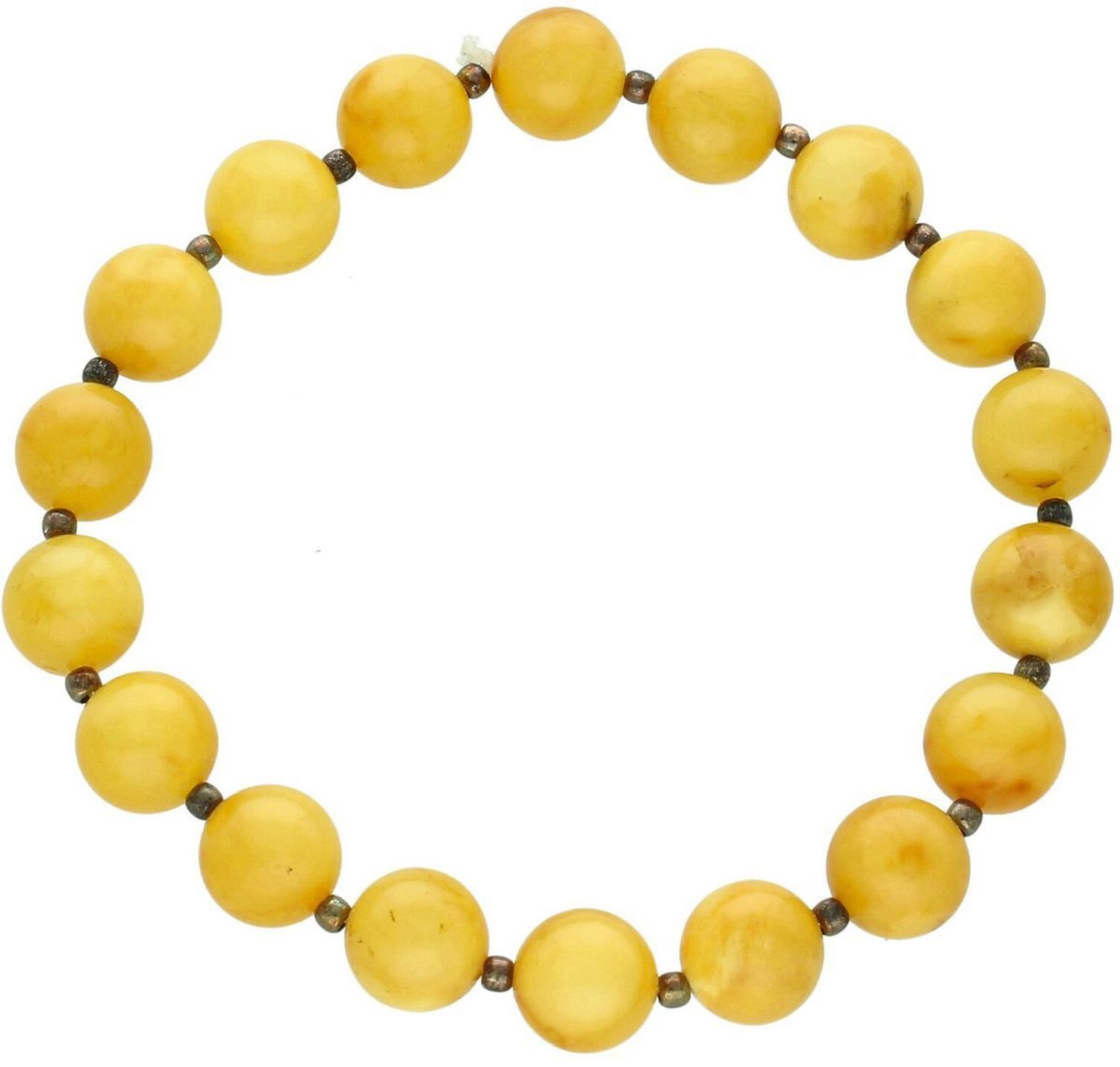 Bransoletka damska srebrna DIA-BRA-10535-925 z okrągłymi bursztynami w żółtym kolorze, średnica kamieni 1,0 cm. Elastyczna gumka, obwód 17 cm. Elegancka i uniwersalna biżuteria idealna 1.jpg