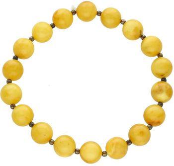Bransoletka damska srebrna DIA-BRA-10535-925 z okrągłymi bursztynami w żółtym kolorze, średnica kamieni 1,0 cm. Elastyczna gumka, obwód 17 cm. Elegancka i uniwersalna biżuteria idealna 1.jpg