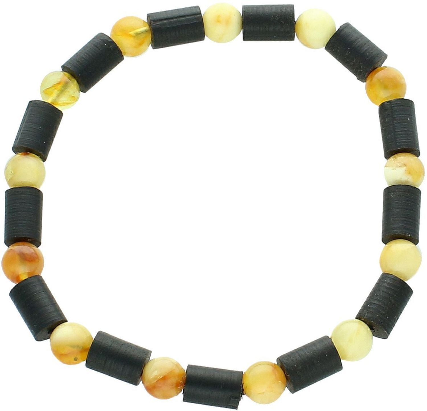 Bransoletka męska z naturalnym bursztynem i drewnem, na elastycznej gumce. Obwód 19 cm, szerokość kamieni 7 mm. Model DIA-BRA-10539-INNE – styl i natura w jednym.1.jpg