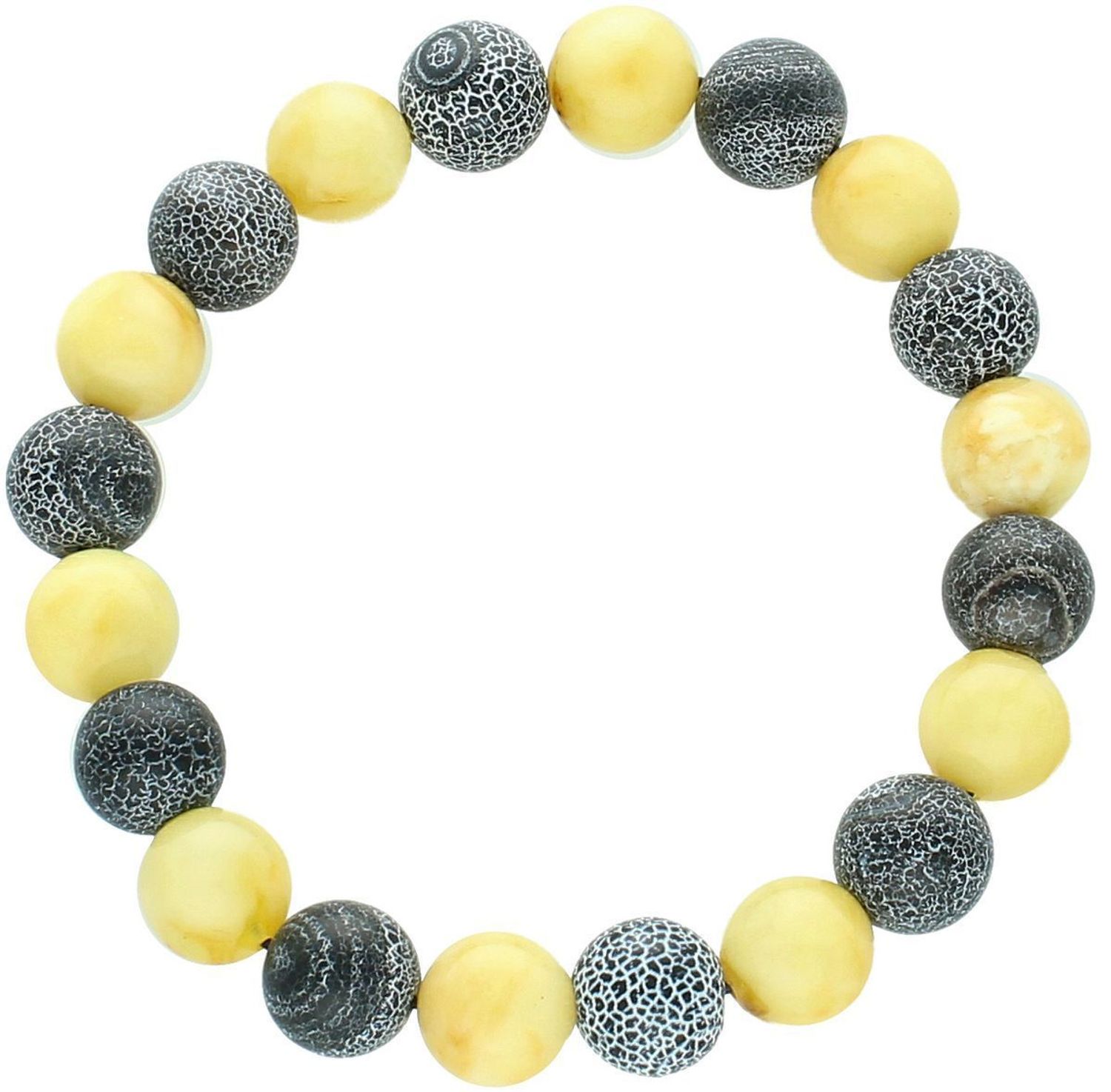 Bransoletka męska z bursztynem i agatem kwasowanym na gumce, model DIA-BRA-10542-INNE. Obwód 17 cm, kamienie o wielkości 1 cm. Stylowy, naturalny dodatek dla mężczyzn.1.jpg