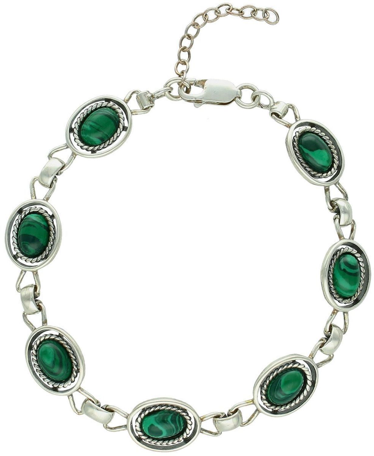 Stylowa srebrna bransoletka z naturalnym zielonym malachitem – próba 925, owalne ogniwa, 18 cm z przedłużką. Idealna dla kobiet ceniących kamienie naturalne i elegancję.1.jpg