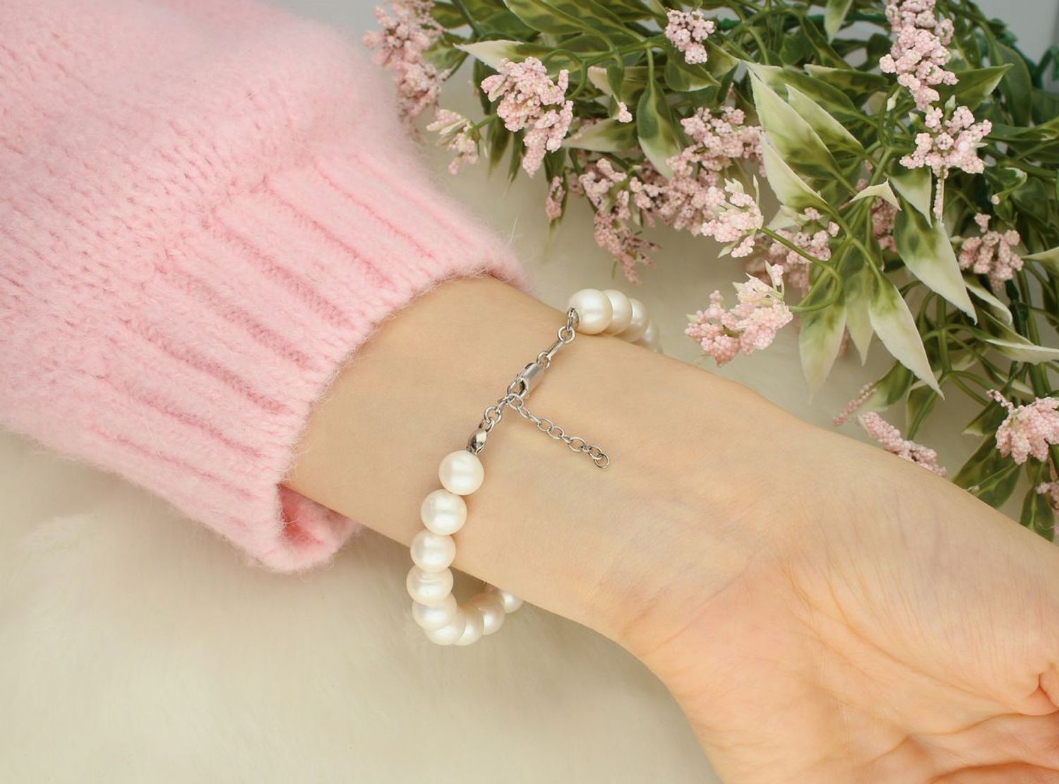 Elegancka bransoletka damska z białych pereł 9 mm – srebro 925, 21 cm + przedłużka (3).jpg