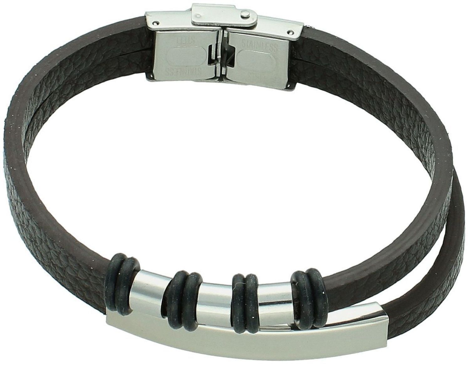 Bransoletka męska skórzana brązowa z blaszką i stalowymi elementami DIA-BRA-10807-STAL 21 cm black.jpg